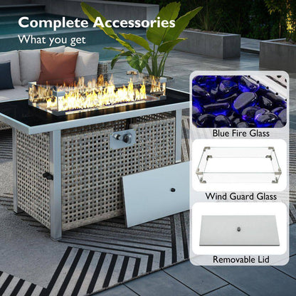 43 In. Propane Gas Fire Pit Table, 60000 BTU Rectangular Open Weave Wicker Fire Pit with Glass Wind Guard in Gray