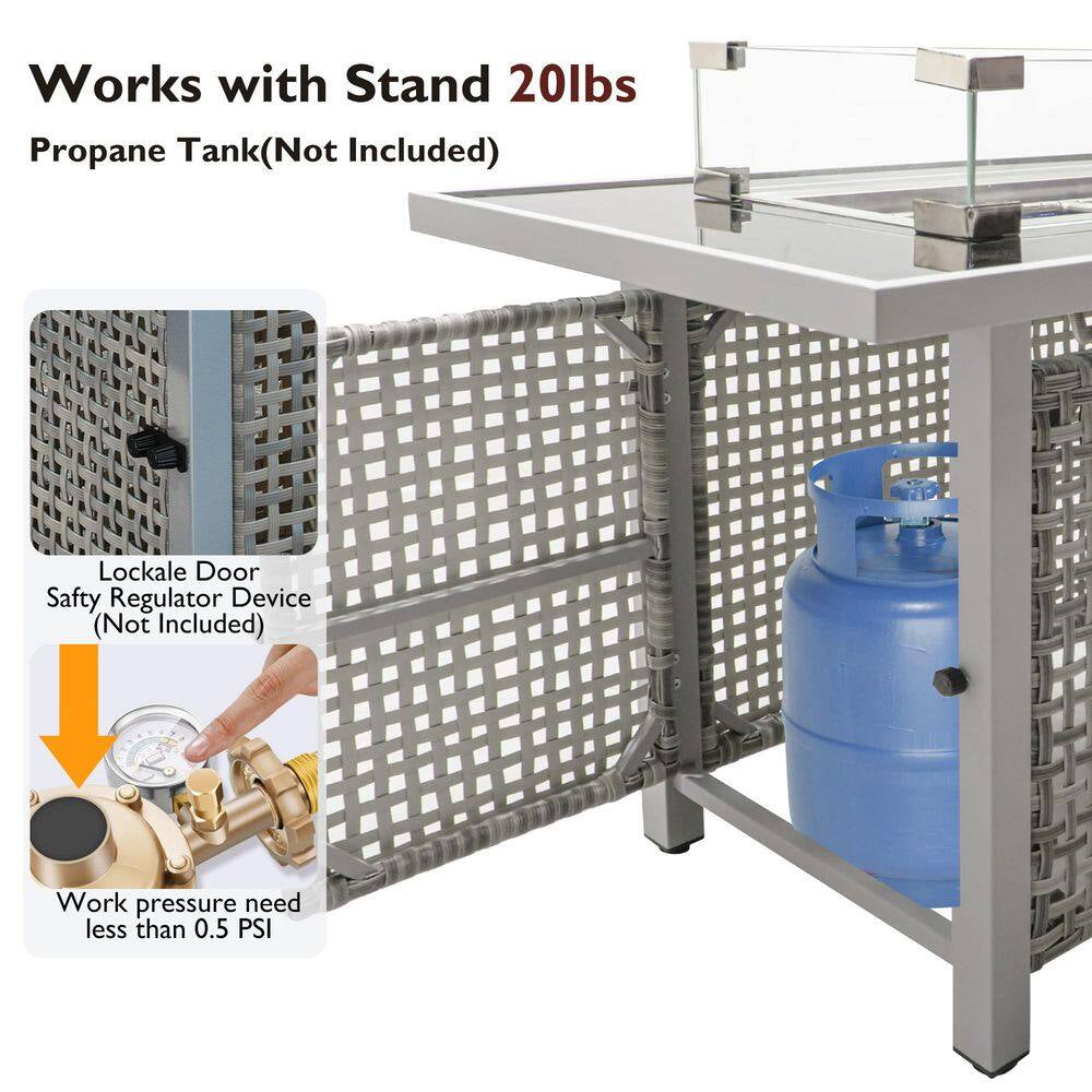 43 In. Propane Gas Fire Pit Table, 60000 BTU Rectangular Open Weave Wicker Fire Pit with Glass Wind Guard in Gray