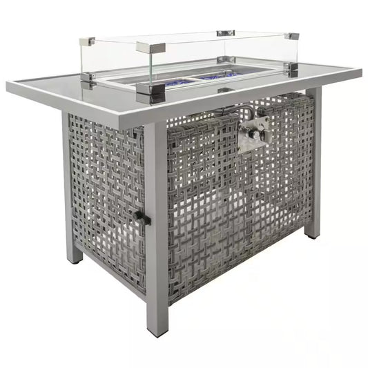 43 In. Propane Gas Fire Pit Table, 60000 BTU Rectangular Open Weave Wicker Fire Pit with Glass Wind Guard in Gray