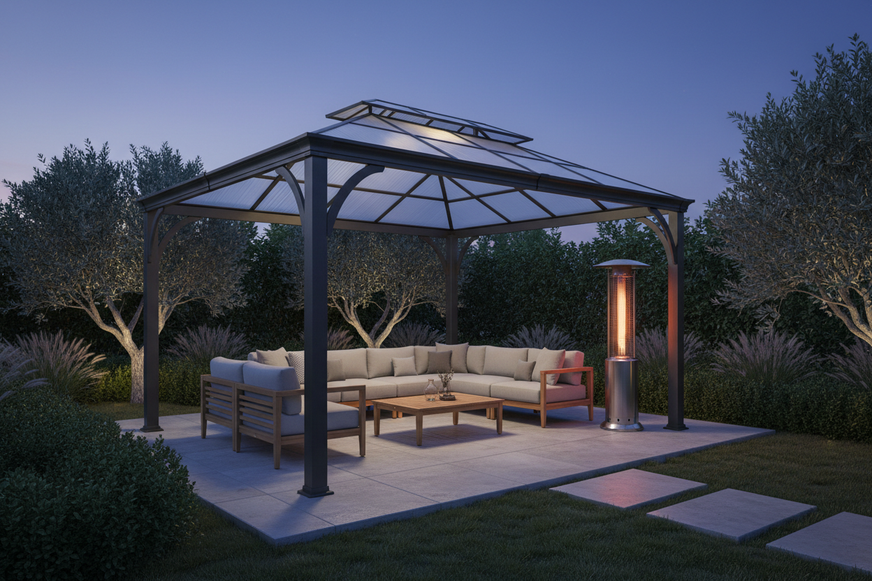 Slideshow Image 2 - Gazebo + Outdoor Heater Evening Scene
